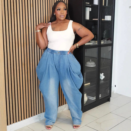 2025 New High Waist Loose Harem Wide Leg Lantern Denim Pants Women Street Casual Stretchy Slimming Fashion Long Trousers Blue