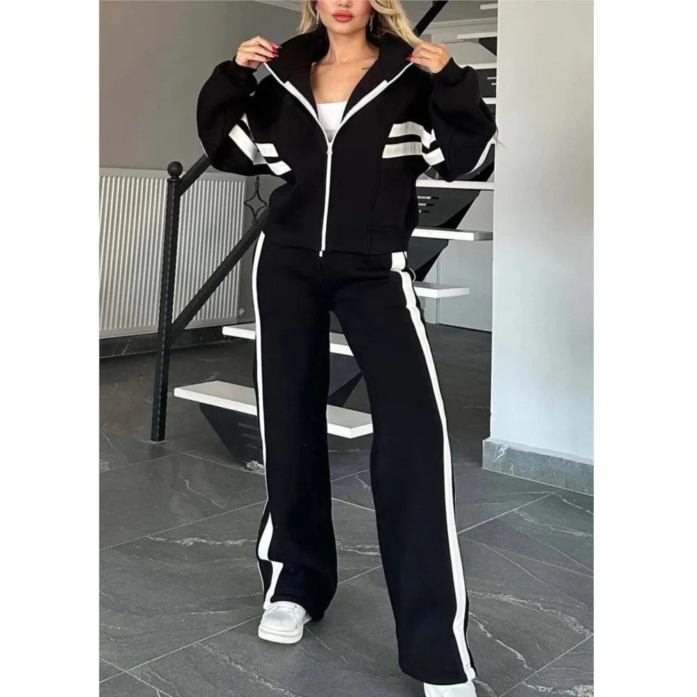 Striped Casual Women's Suit Y2K Striped Zipper Top Coat Sports Pants Female 2piece Set