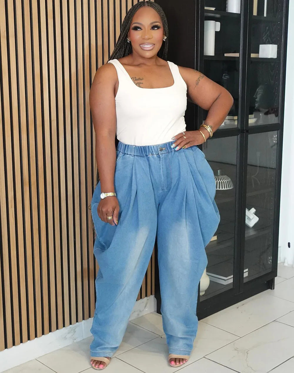 2025 New High Waist Loose Harem Wide Leg Lantern Denim Pants Women Street Casual Stretchy Slimming Fashion Long Trousers Blue