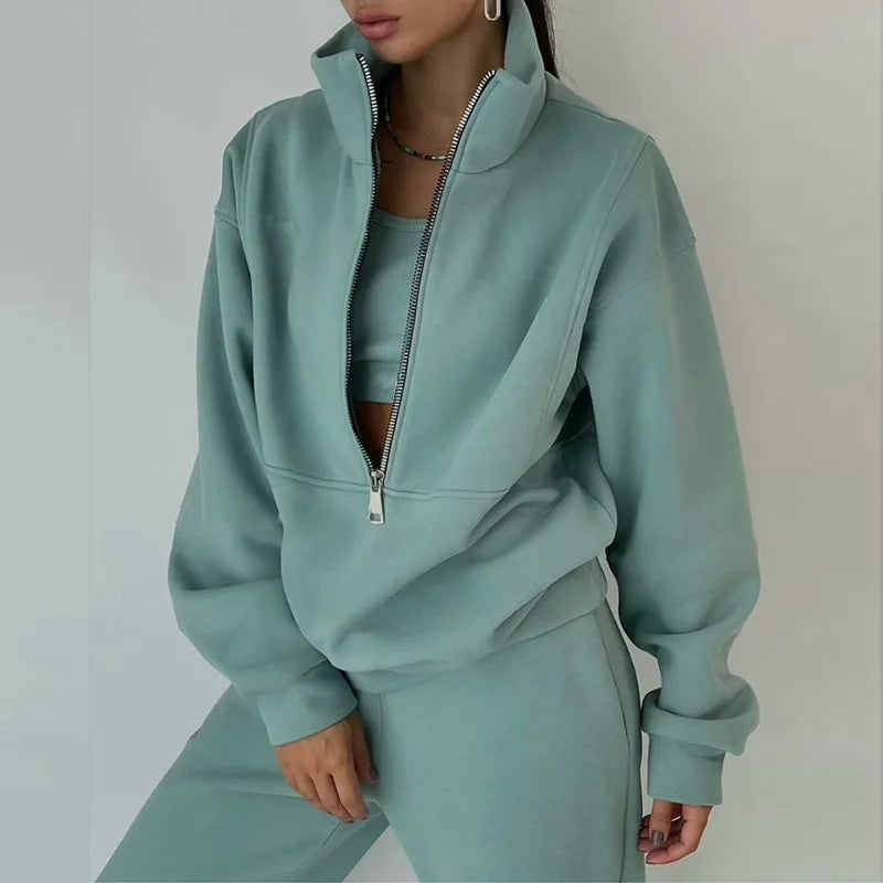 Women Sporty Sweatshirt Sets Two Pieces Sale Stand Collar Zip Long Sleeve Hoodie&High Elastic Sweatpant Suits JSFS-8786