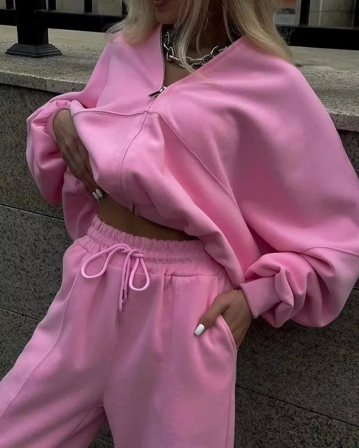 Winter Sweat Suit Set Pink Women Zipper Hoodies 2 Two Pieces Outfit Pants Casual Loose Winter Warm Tracksuits Sport Hooded Women