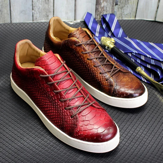 Men's Casual Derby Shoes Real Cow Leather Handmade Classic Lace-Up Snake Pattern Fashion Sneakers for Street Shopping