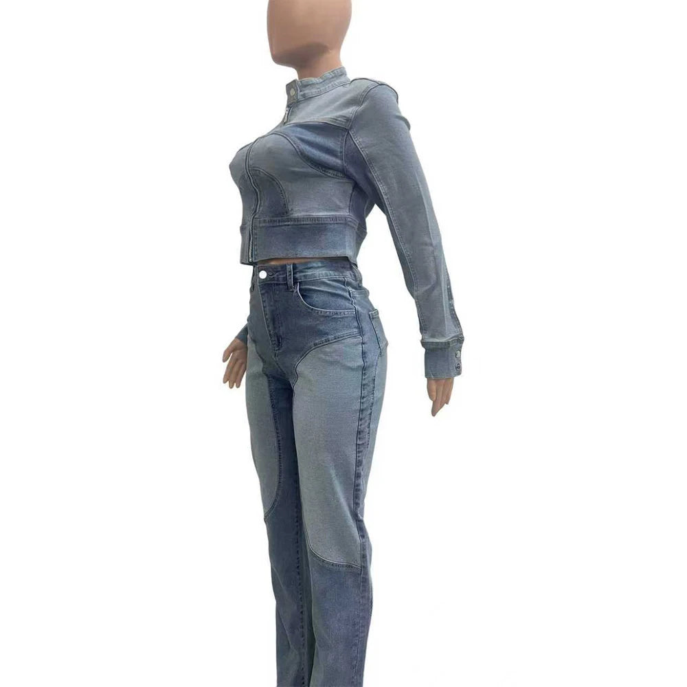 Fashion Two Tone Washed Denim Moto Jacket and Pants 2 Pieces Set for 2025 Fall Woman Casual Jeans 2piece Sets Outfits Streetwear