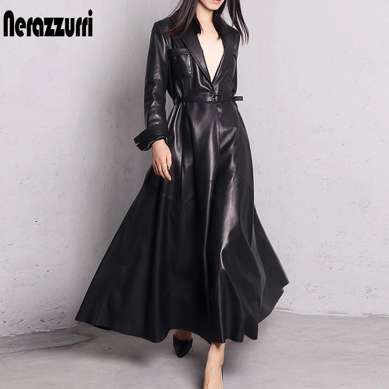 Nerazzurri High Quality Red Black Maxi Pu Leather Trench Coat for Women Extra Long Skirted Elegant Overcoat Fashion 5xl 6xl 7xl
