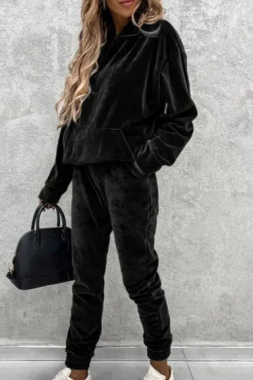 Women Sweatshirts Two Pieces Pant Sets Hooded Pocket Top Pullover Pencil Pants Thick Spliced Solid Casual Sporty Suits