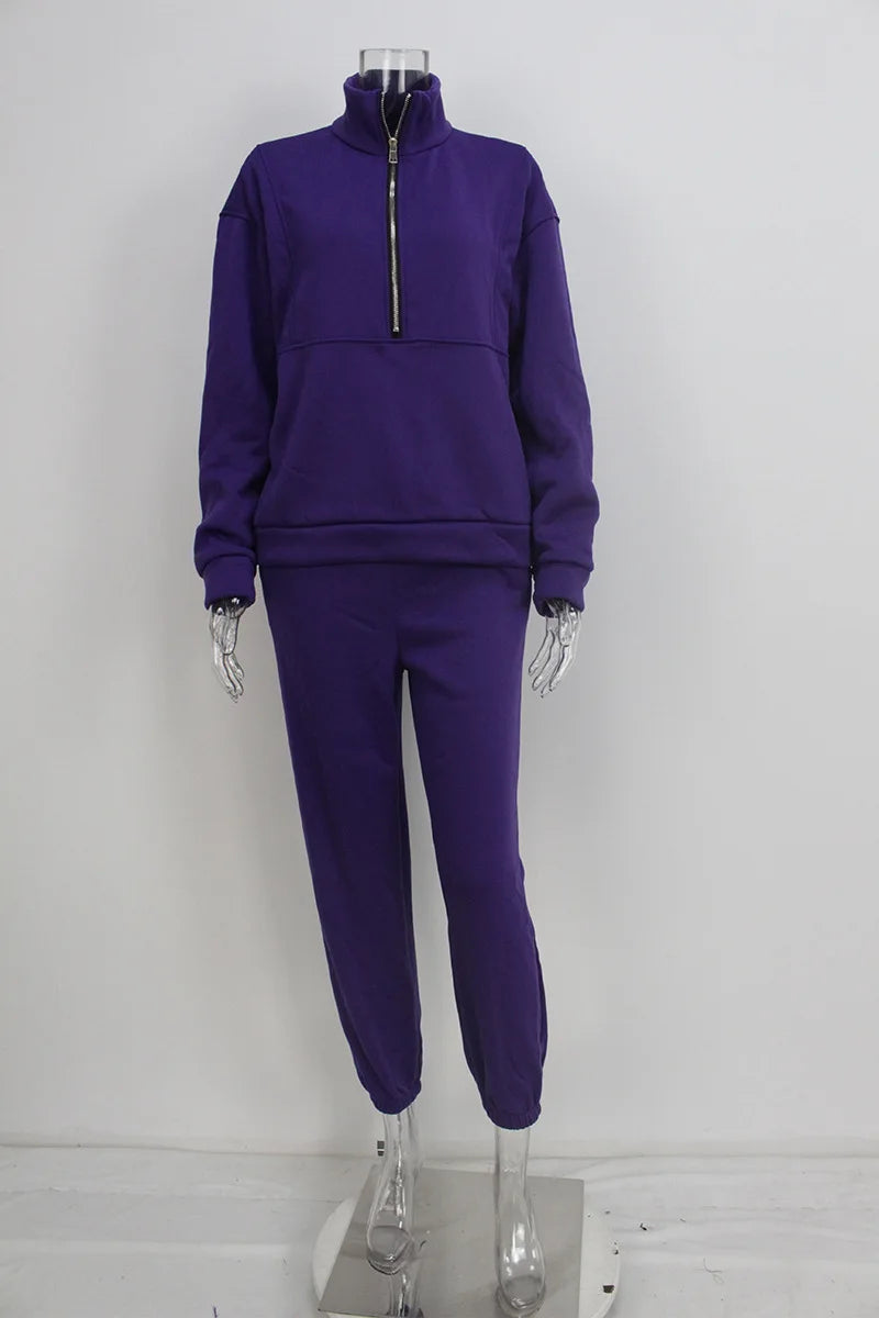 Women Sporty Sweatshirt Sets Two Pieces Sale Stand Collar Zip Long Sleeve Hoodie&High Elastic Sweatpant Suits JSFS-8786