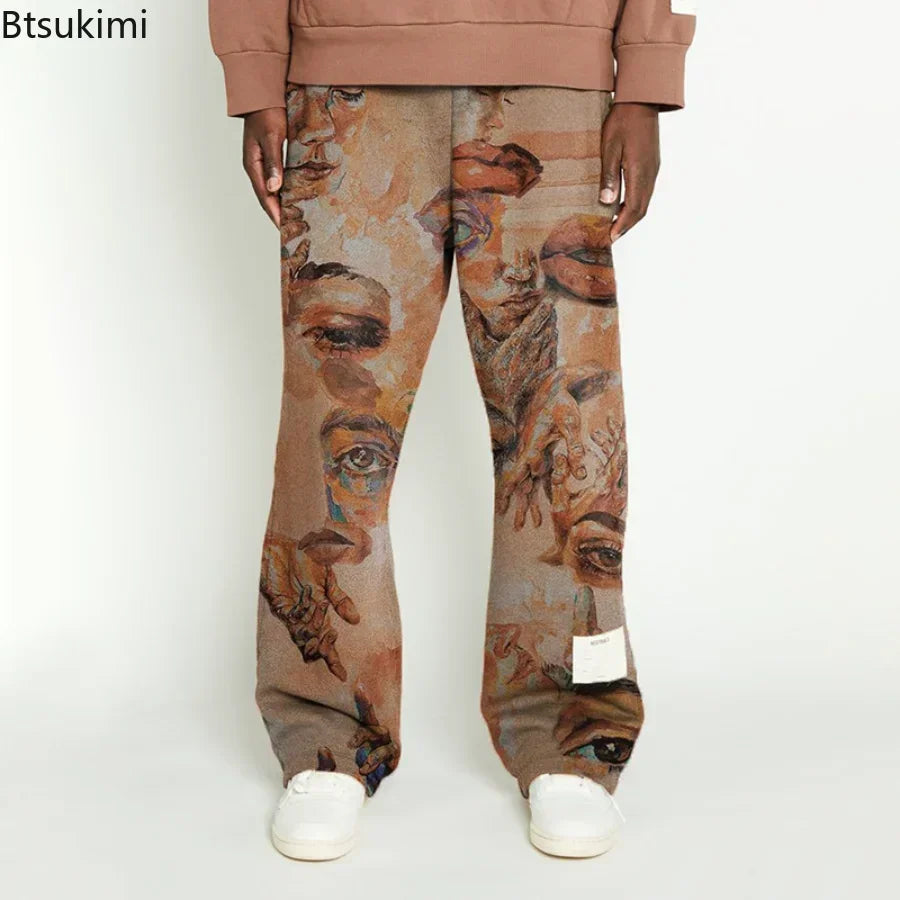 2026 Men's High Street Loose Wide Leg Pants Trendy Printed European Mid-waist Man Trousers Brown Hiphop Pants Male Casual Pants