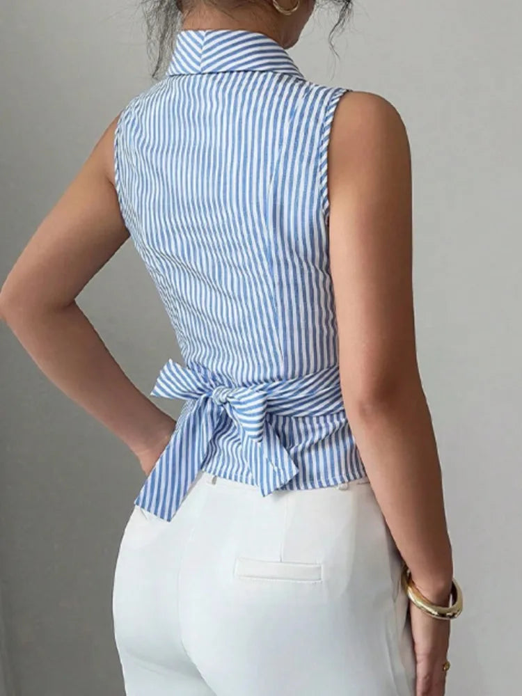 Fashion Striped Shirt Top For Women Elegant V Neck Sleeveless Vest Shirts Tops Lady Holiday Office Women's Clothing Summer New