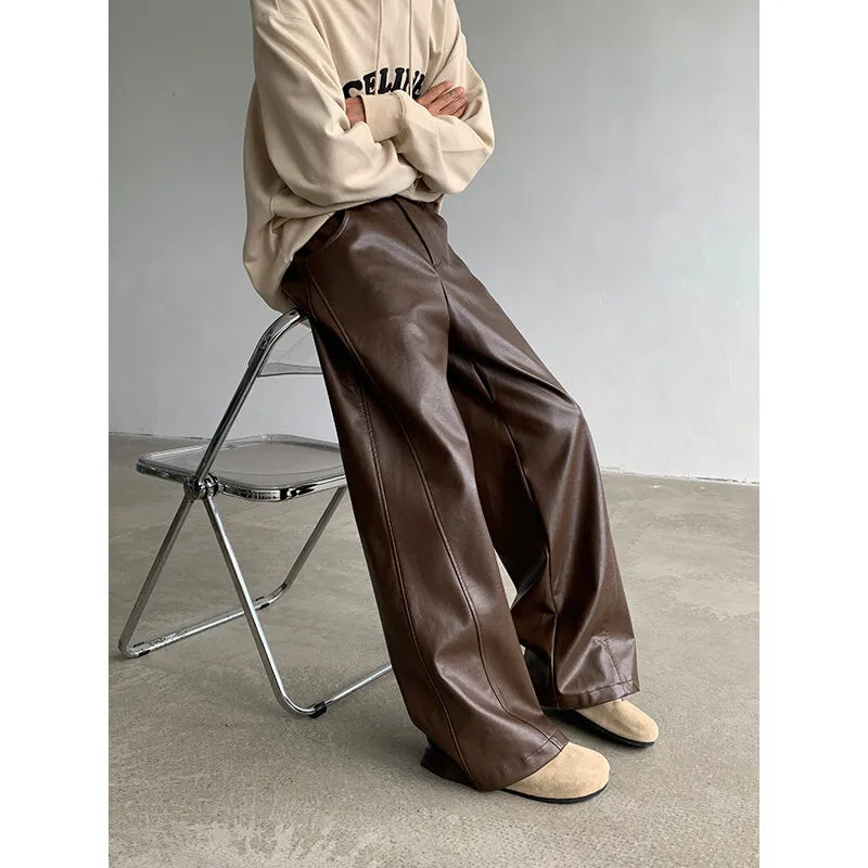 PU Leather Pants men Straight 2025new Spring Men's Punk Fashion Hip Hip Men Wide-leg Mopping Trousers Windproof Dark Brown/Black