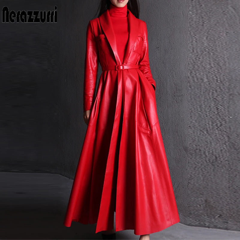 Nerazzurri High Quality Red Black Maxi Pu Leather Trench Coat for Women Extra Long Skirted Elegant Overcoat Fashion 5xl 6xl 7xl