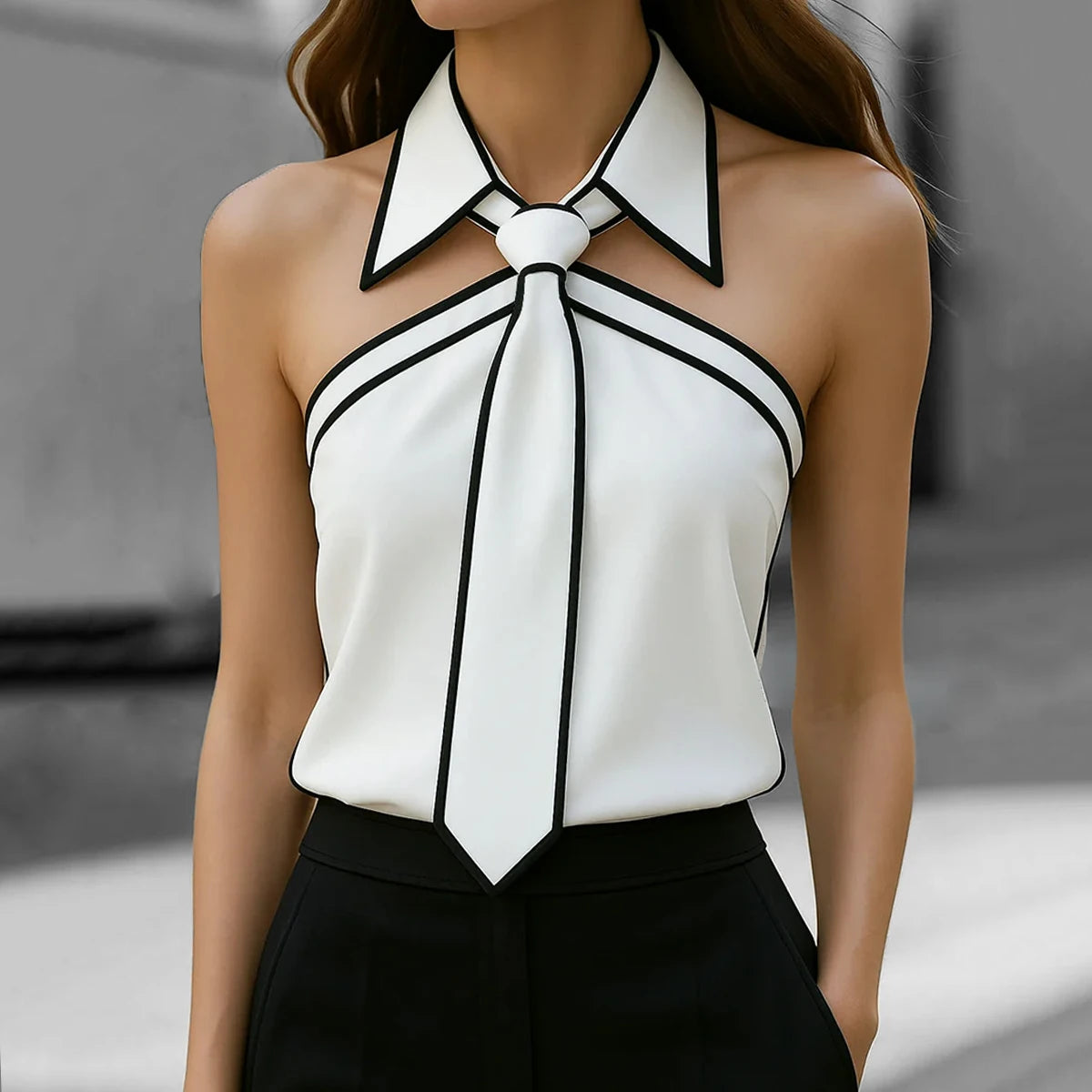 Fashion Women Tank Top Camisole Halter Neck Strap Necktie Lapel Design Loose Sleeveless Blouses Blusas Mujer Moda Sexy Shirt