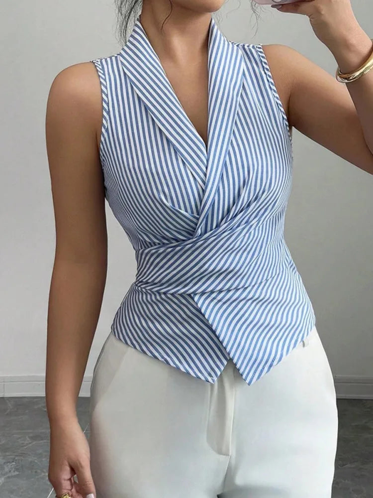 Fashion Striped Shirt Top For Women Elegant V Neck Sleeveless Vest Shirts Tops Lady Holiday Office Women's Clothing Summer New