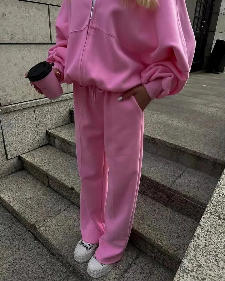 Winter Sweat Suit Set Pink Women Zipper Hoodies 2 Two Pieces Outfit Pants Casual Loose Winter Warm Tracksuits Sport Hooded Women