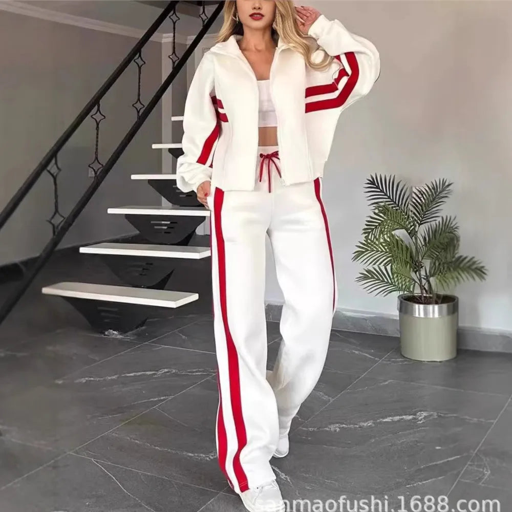 Striped Casual Women's Suit Y2K Striped Zipper Top Coat Sports Pants Female 2piece Set