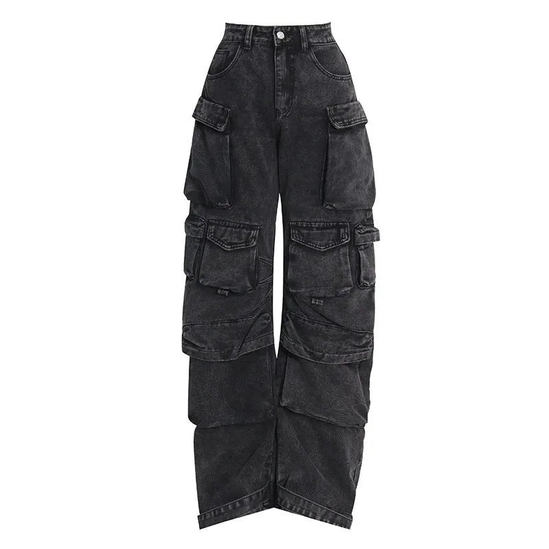 Trendy Women's Denim Workwear | Street Style Black & Grey Multi-Pocket Jeans | American Casual High-Waist Functional Design