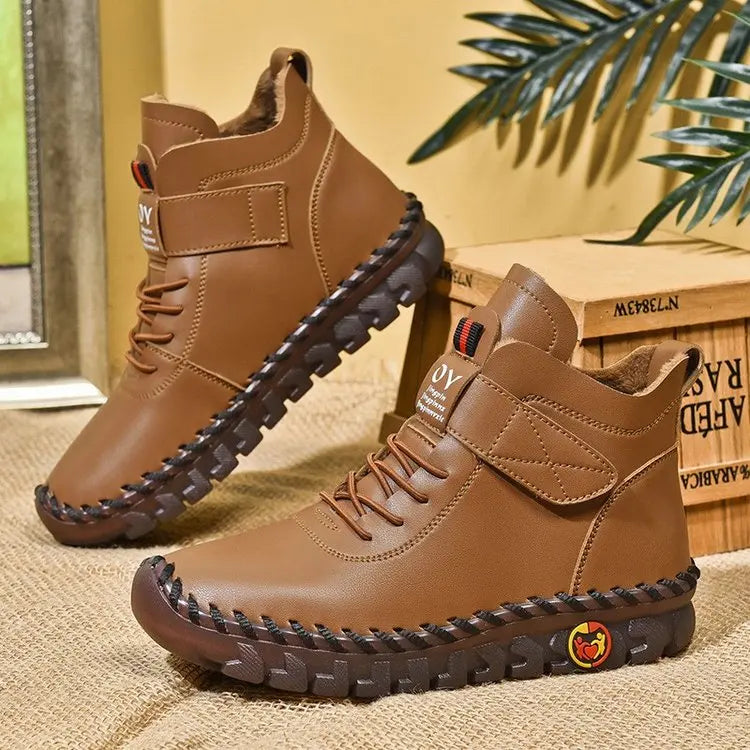 Winter Fleece-Lined Warm Cotton Boots - Women's British Style Fashionable & Versatile Velcro High-Top Flat Shoes