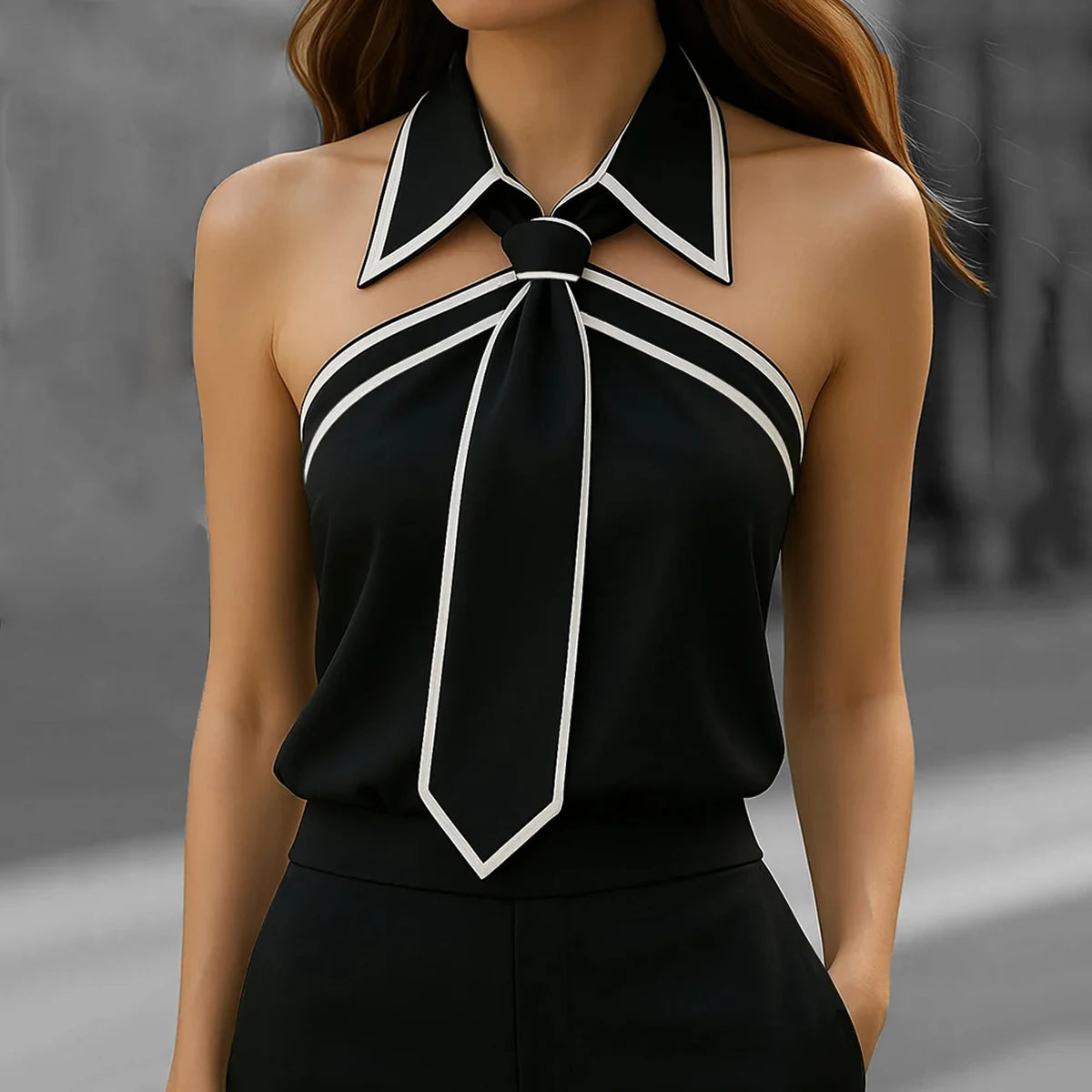 Fashion Women Tank Top Camisole Halter Neck Strap Necktie Lapel Design Loose Sleeveless Blouses Blusas Mujer Moda Sexy Shirt