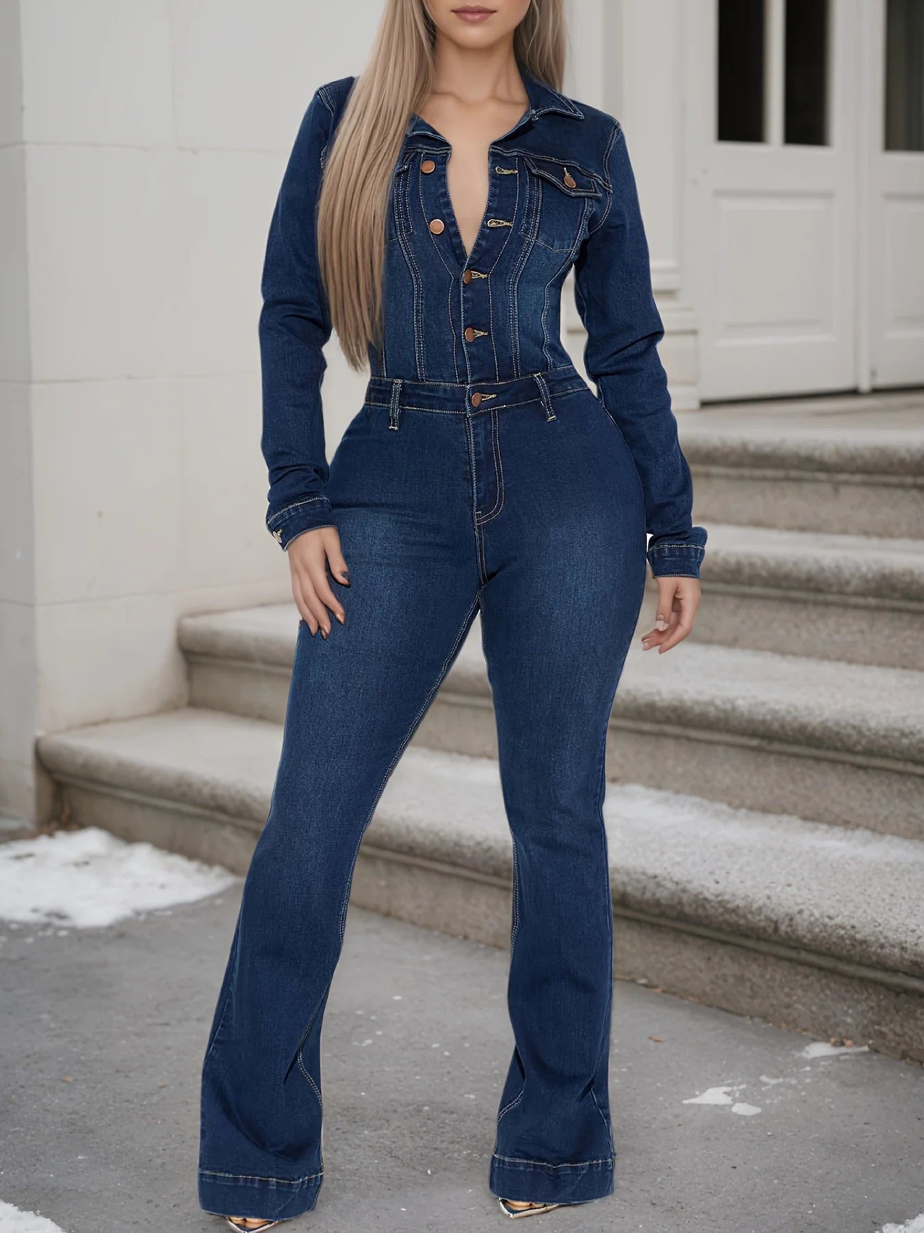Women's new fashionable elastic hip lifting denim jumpsuit with long sleeved button design, elegant and sexy denim jumpsuit,
