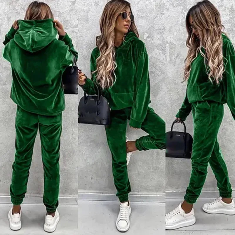 Women Sweatshirts Two Pieces Pant Sets Hooded Pocket Top Pullover Pencil Pants Thick Spliced Solid Casual Sporty Suits