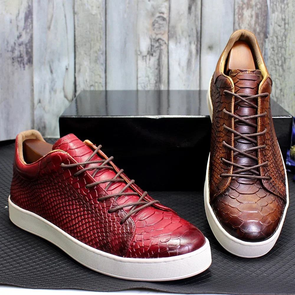 Men's Casual Derby Shoes Real Cow Leather Handmade Classic Lace-Up Snake Pattern Fashion Sneakers for Street Shopping