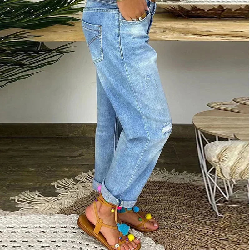 Fashion Women Broken Holes Straight Jeans Single-breasted Splicing Denim Pants Female Washable Trousers Daily Casual Streetwear