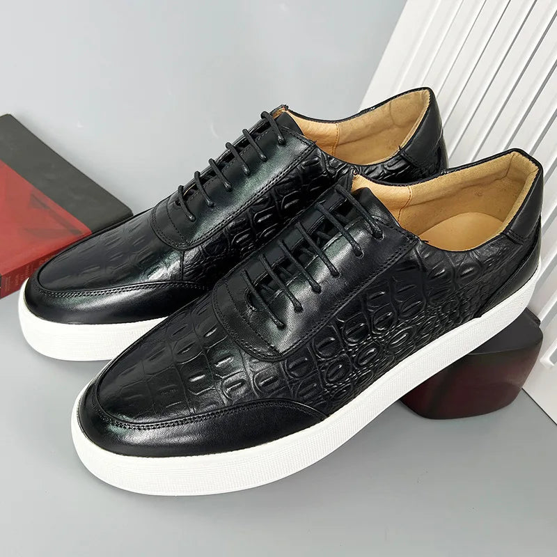 Newest 2025 Spring Men Genuine Leather Casual Sneakers Lace Up Handmade Crocodile Design Men Daily Leather Footwear Purple