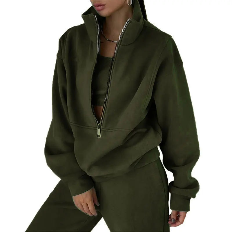 Women Sporty Sweatshirt Sets Two Pieces Sale Stand Collar Zip Long Sleeve Hoodie&High Elastic Sweatpant Suits JSFS-8786