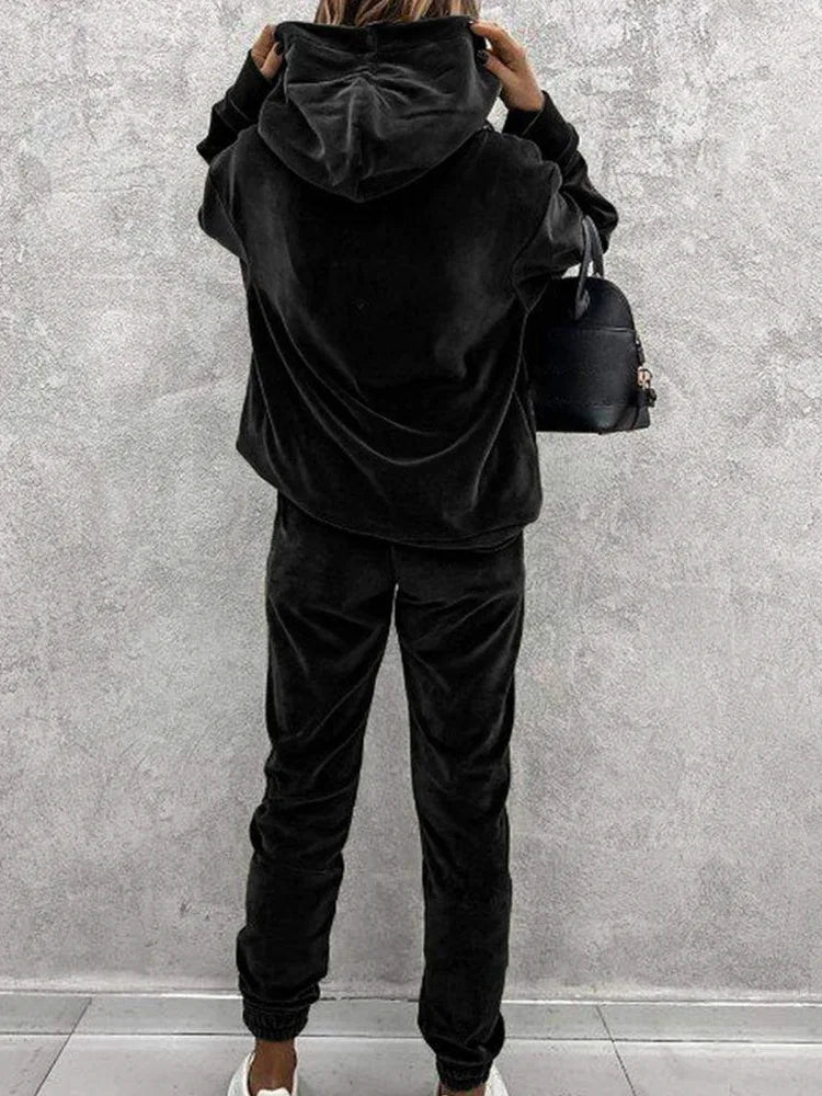 Women Sweatshirts Two Pieces Pant Sets Hooded Pocket Top Pullover Pencil Pants Thick Spliced Solid Casual Sporty Suits