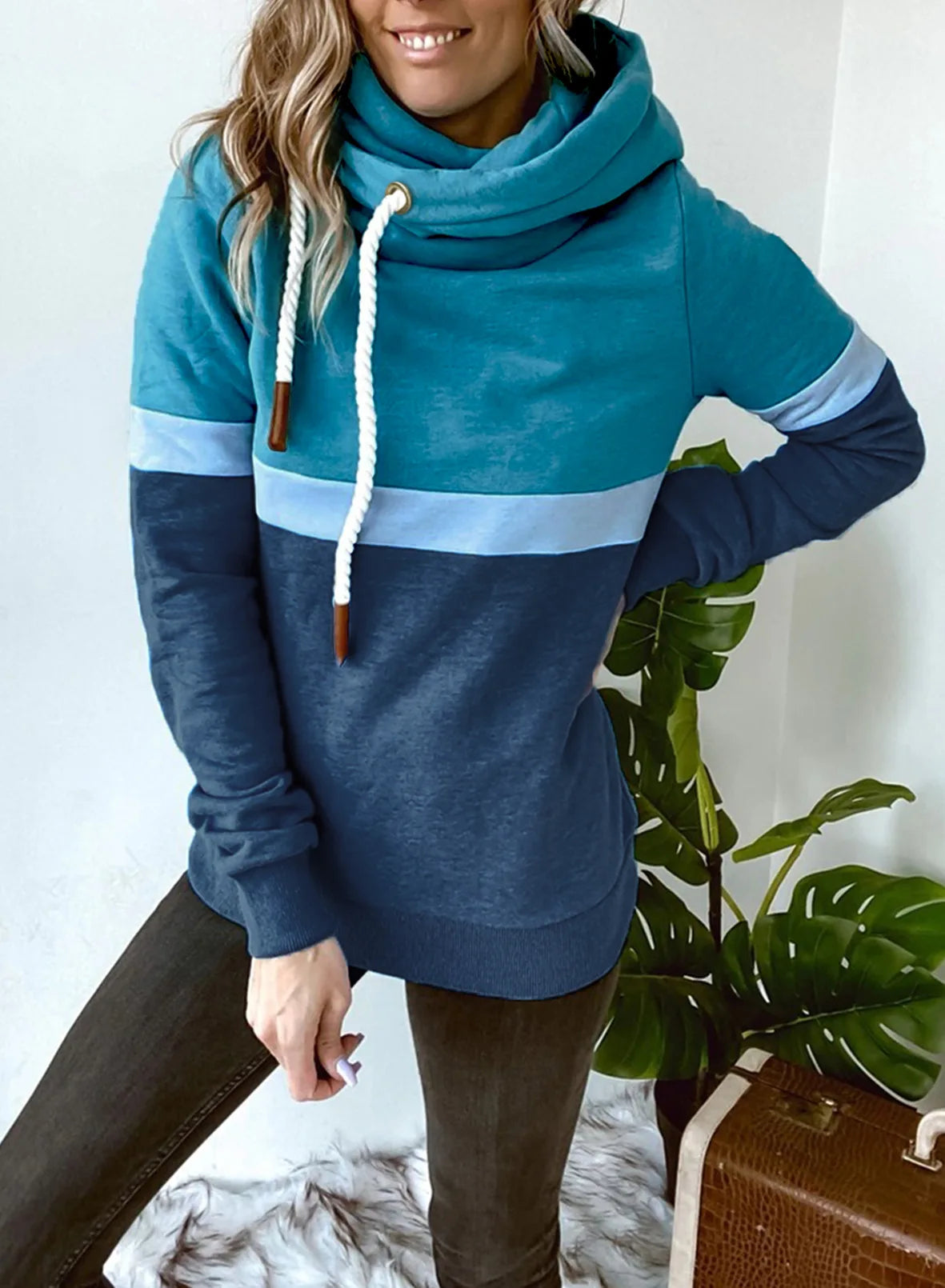 Women's sweatshirt 2024 new autumn and winter solid color stitching casual high collar hooded cross-border sweatshirt for women