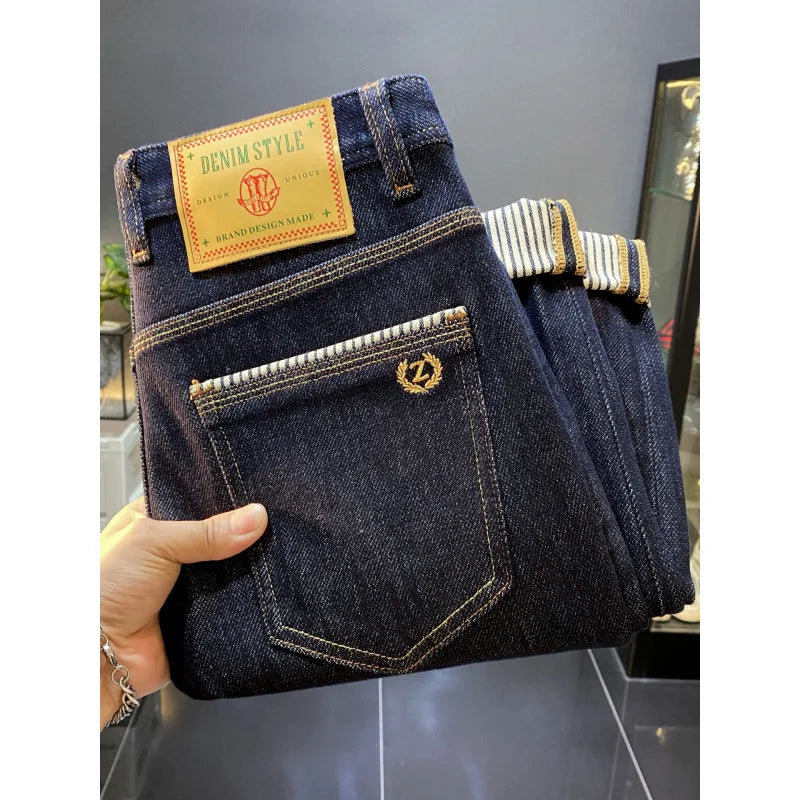 2025 autumn new light luxury retro original color jeans for men, slim fit, small feet, four sided elastic casual long pants