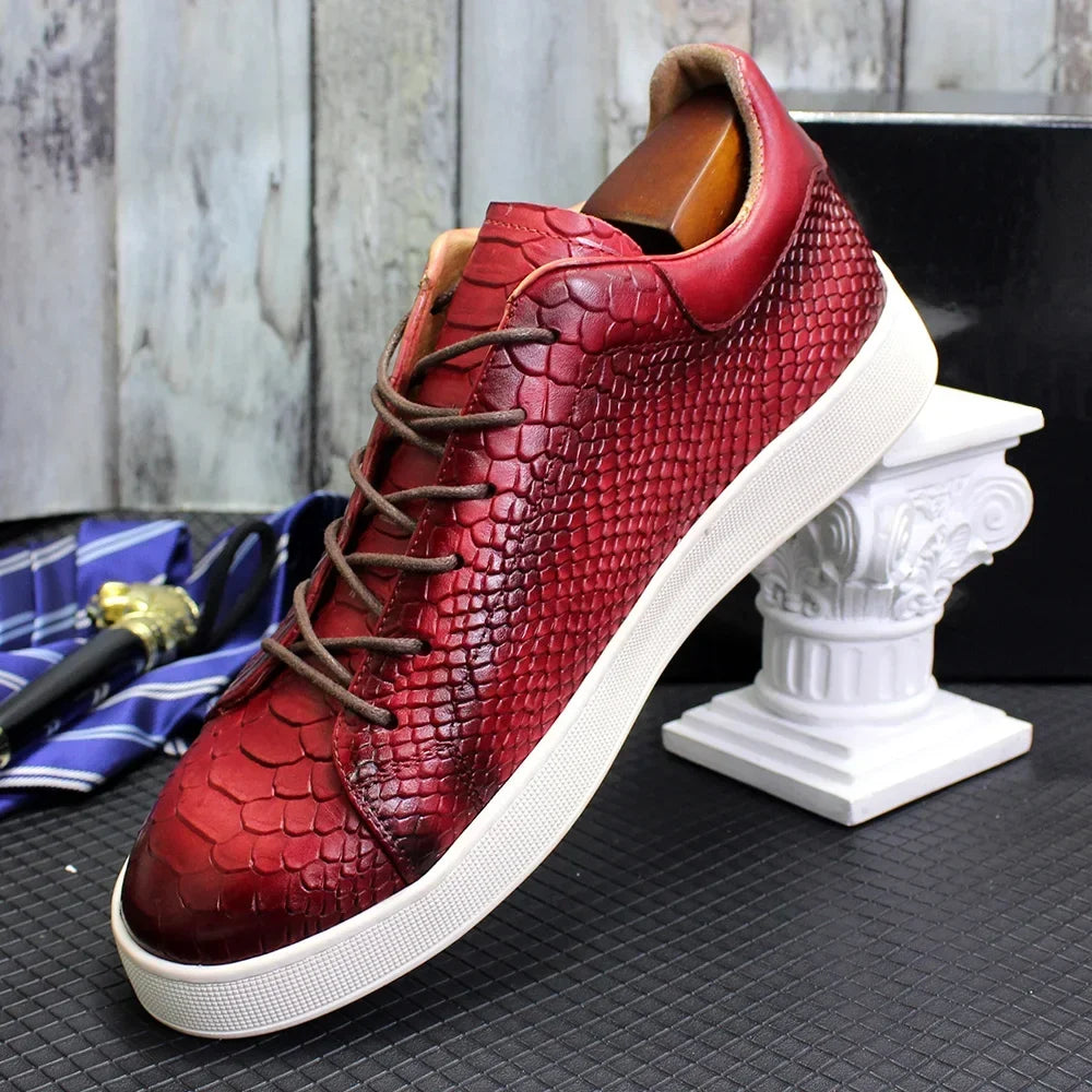 Men's Casual Derby Shoes Real Cow Leather Handmade Classic Lace-Up Snake Pattern Fashion Sneakers for Street Shopping