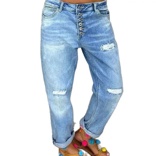 Fashion Women Broken Holes Straight Jeans Single-breasted Splicing Denim Pants Female Washable Trousers Daily Casual Streetwear