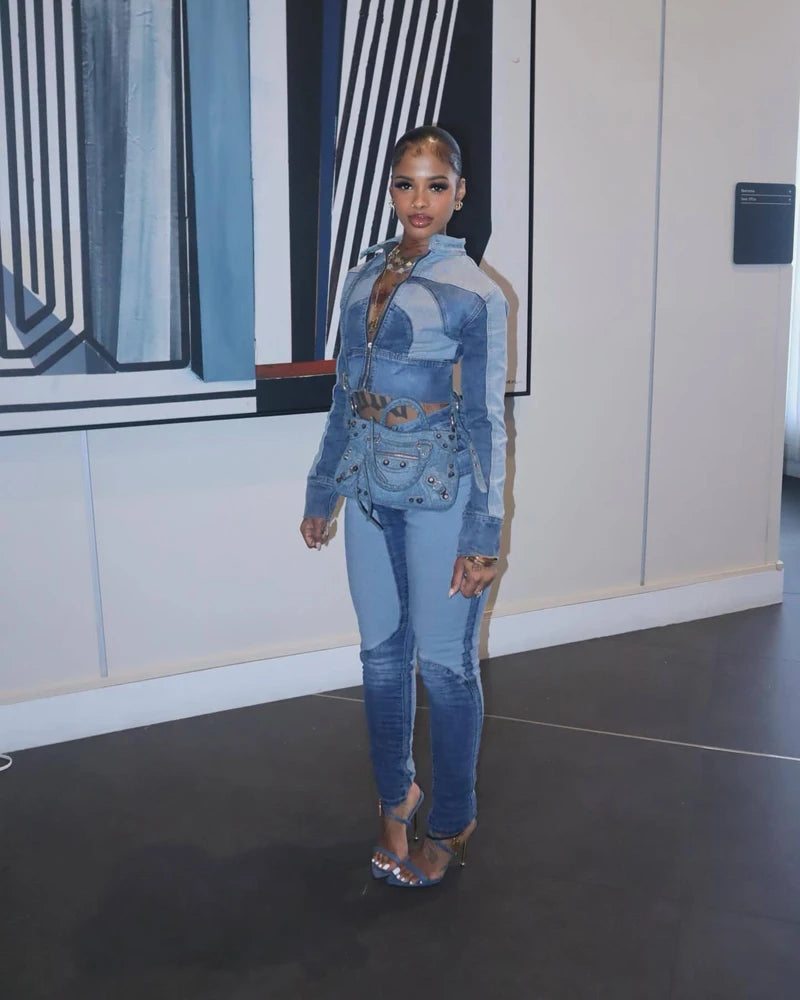 Fashion Two Tone Washed Denim Moto Jacket and Pants 2 Pieces Set for 2025 Fall Woman Casual Jeans 2piece Sets Outfits Streetwear