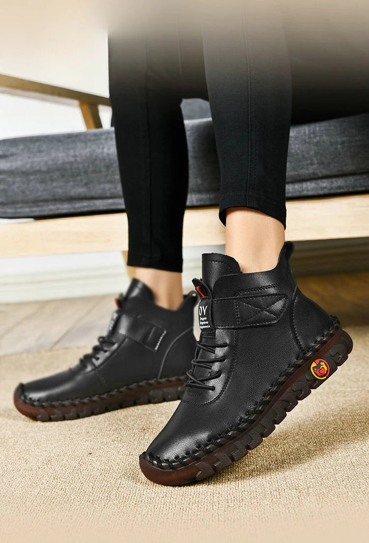 Winter Fleece-Lined Warm Cotton Boots - Women's British Style Fashionable & Versatile Velcro High-Top Flat Shoes