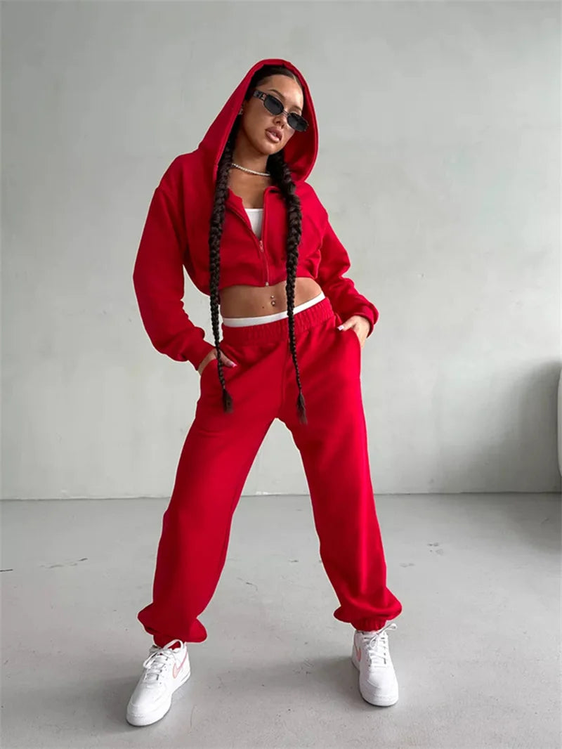 Sweatshirt Two-piece Suit Women's Casual Sports Sets Sexy High-waist Hoodies Short Zip-up Jacket Straight Trousers 2-piece Sets