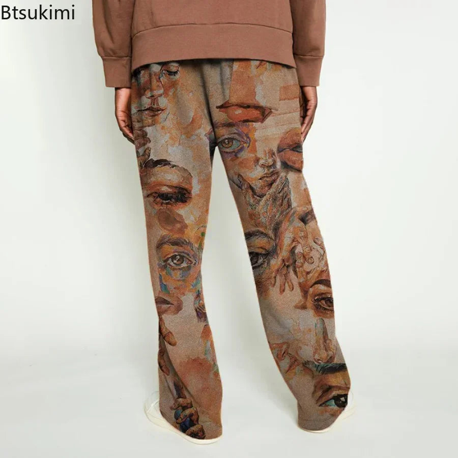 2026 Men's High Street Loose Wide Leg Pants Trendy Printed European Mid-waist Man Trousers Brown Hiphop Pants Male Casual Pants