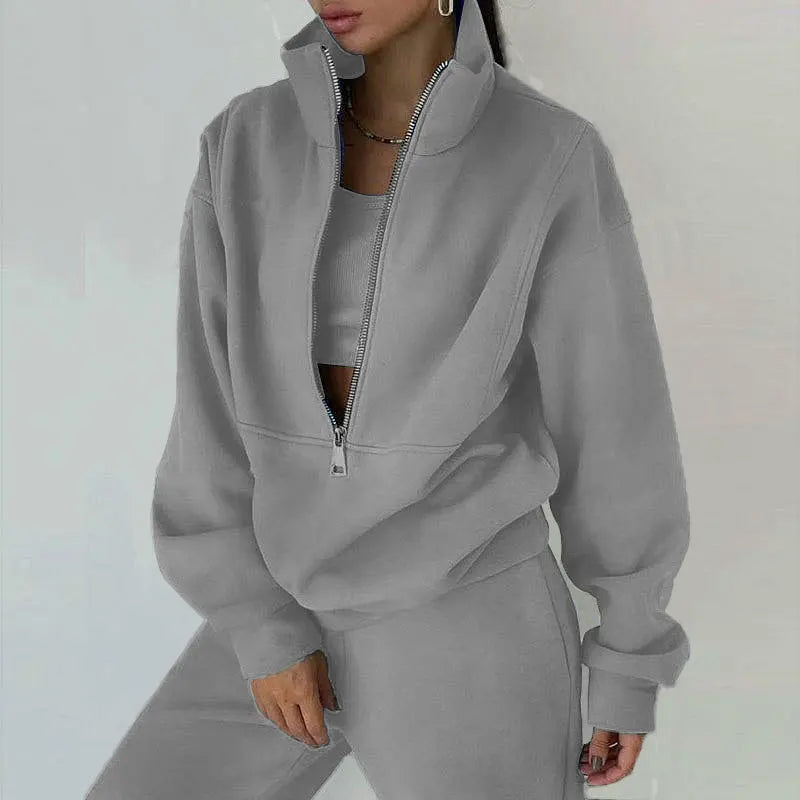 Women Sporty Sweatshirt Sets Two Pieces Sale Stand Collar Zip Long Sleeve Hoodie&High Elastic Sweatpant Suits JSFS-8786