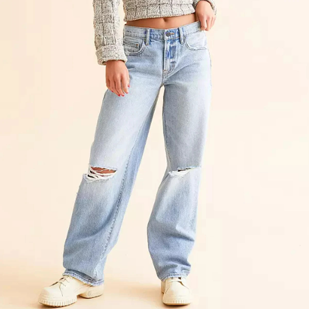 Women's Denim Jeans with Pockets, Ripped Straight LegLoose Fit Casual Pants, Versatile Long Jeans for DailyWear