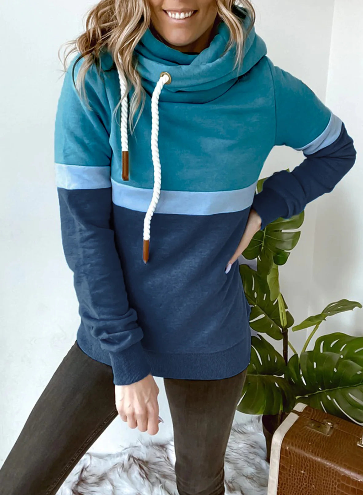 Women's sweatshirt 2024 new autumn and winter solid color stitching casual high collar hooded cross-border sweatshirt for women