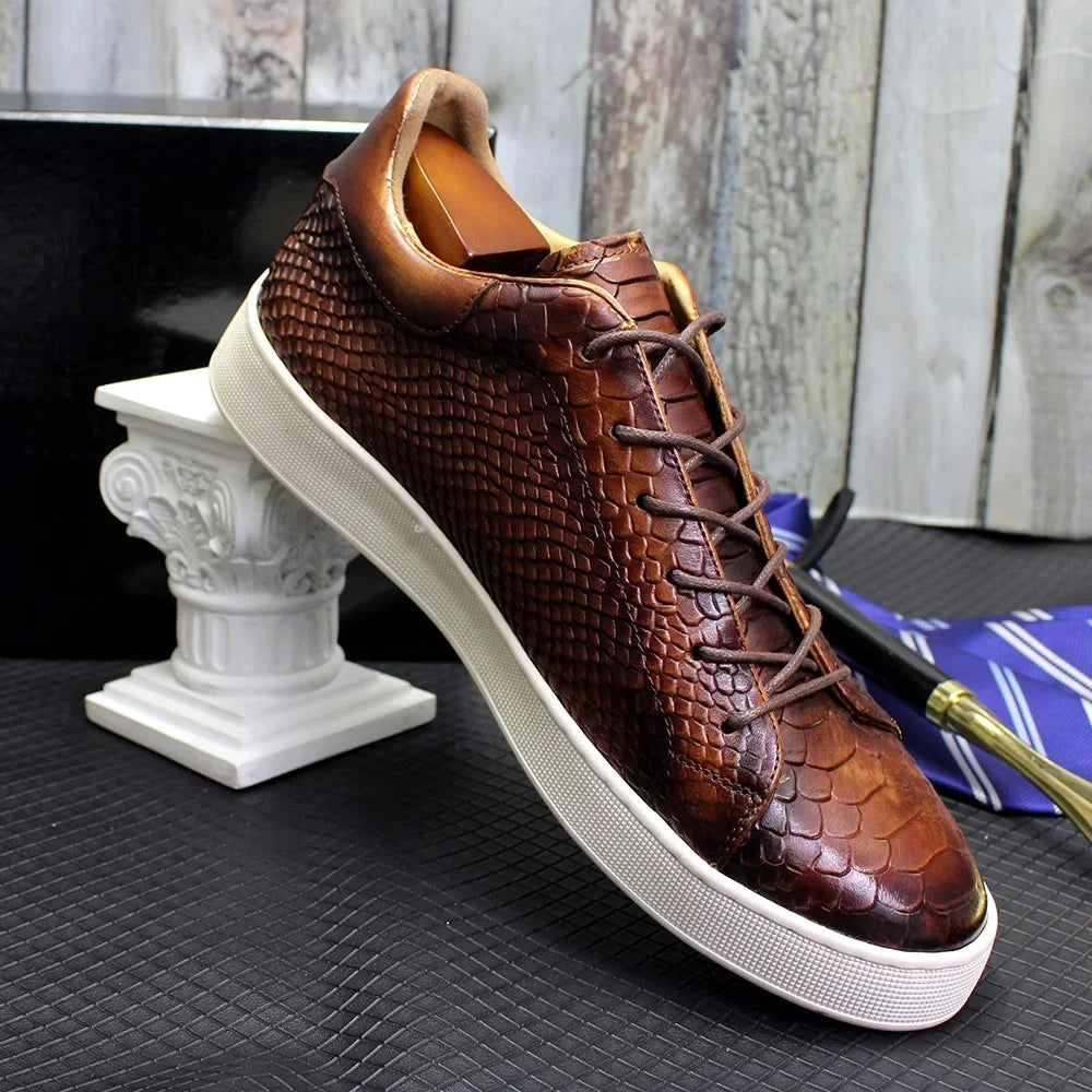 Men's Casual Derby Shoes Real Cow Leather Handmade Classic Lace-Up Snake Pattern Fashion Sneakers for Street Shopping