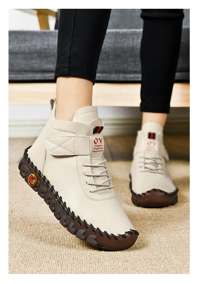 Winter Fleece-Lined Warm Cotton Boots - Women's British Style Fashionable & Versatile Velcro High-Top Flat Shoes