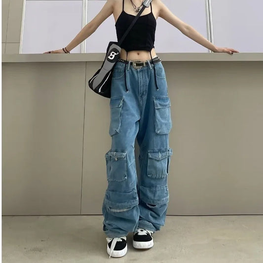 Trendy Women's Denim Workwear | Street Style Black & Grey Multi-Pocket Jeans | American Casual High-Waist Functional Design