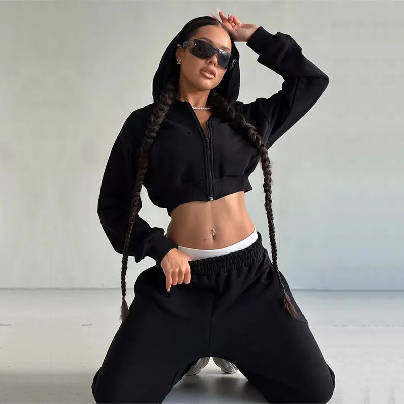 Sweatshirt Two-piece Suit Women's Casual Sports Sets Sexy High-waist Hoodies Short Zip-up Jacket Straight Trousers 2-piece Sets