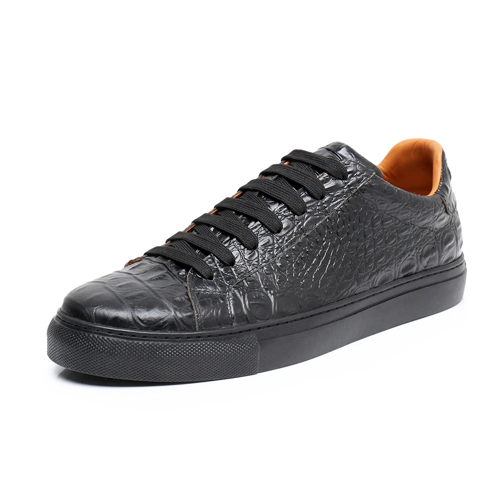 Men Croc Pattern Genuine  Cow Leather Flat Sneakers Round Toe Lace-up Causal Flats Shoes