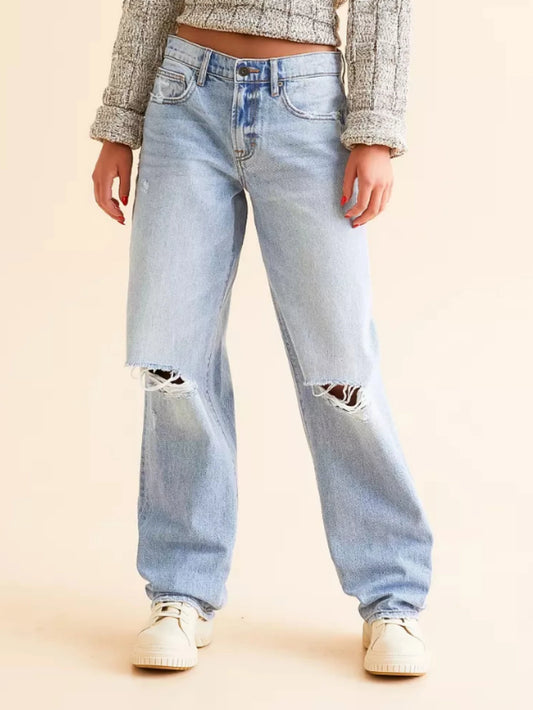 Women's Denim Jeans with Pockets, Ripped Straight LegLoose Fit Casual Pants, Versatile Long Jeans for DailyWear