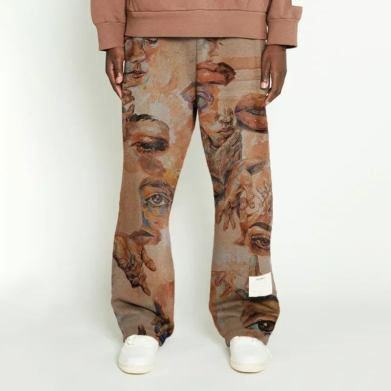 2026 Men's High Street Loose Wide Leg Pants Trendy Printed European Mid-waist Man Trousers Brown Hiphop Pants Male Casual Pants