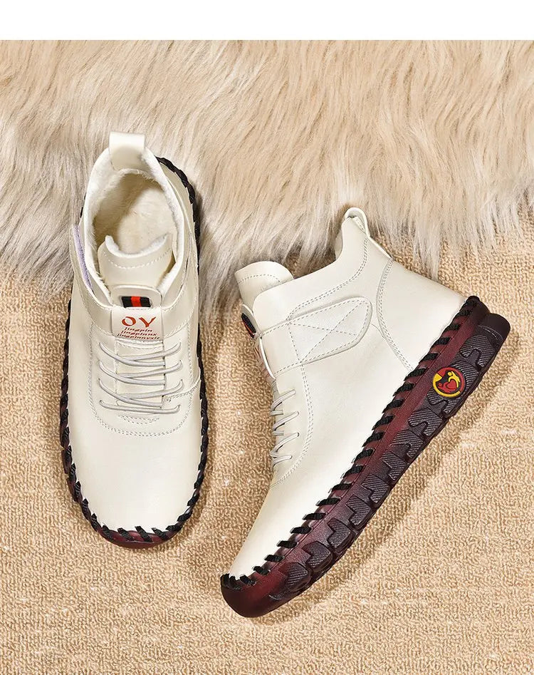 Winter Fleece-Lined Warm Cotton Boots - Women's British Style Fashionable & Versatile Velcro High-Top Flat Shoes