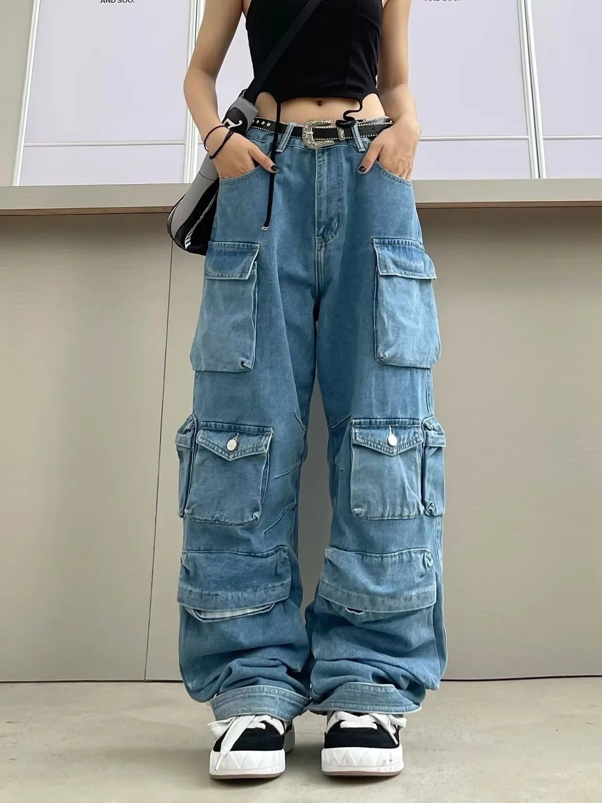 Trendy Women's Denim Workwear | Street Style Black & Grey Multi-Pocket Jeans | American Casual High-Waist Functional Design