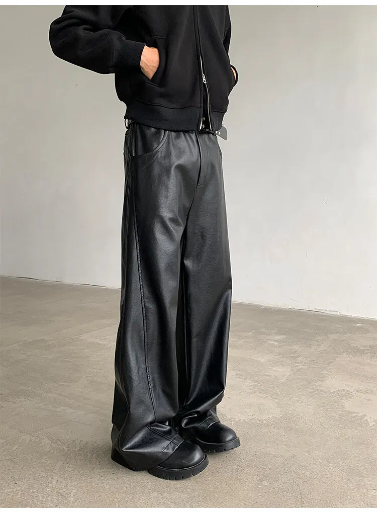 PU Leather Pants men Straight 2025new Spring Men's Punk Fashion Hip Hip Men Wide-leg Mopping Trousers Windproof Dark Brown/Black
