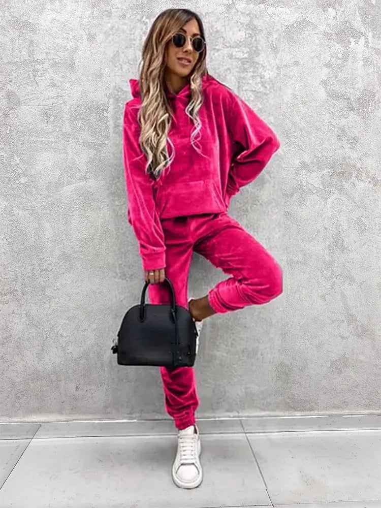 Women Sweatshirts Two Pieces Pant Sets Hooded Pocket Top Pullover Pencil Pants Thick Spliced Solid Casual Sporty Suits